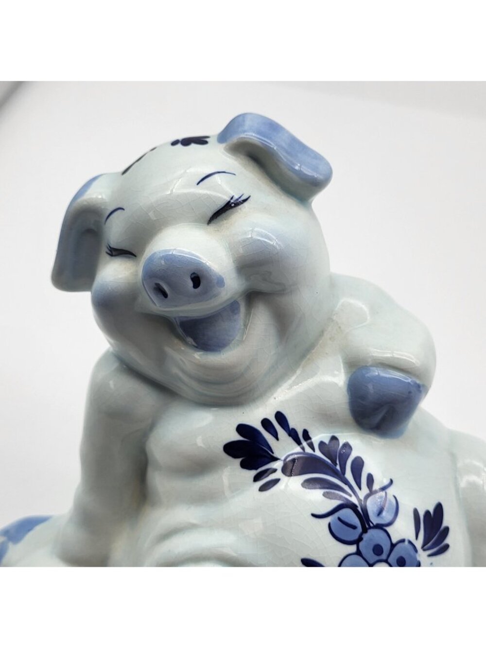 Vintage Delft Blue laughing Happy Buddha pig pigs piggy bank no stopper